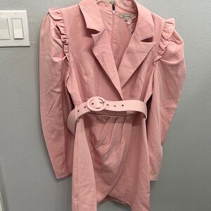 Pink Ruffled Blazer Dress with Belt